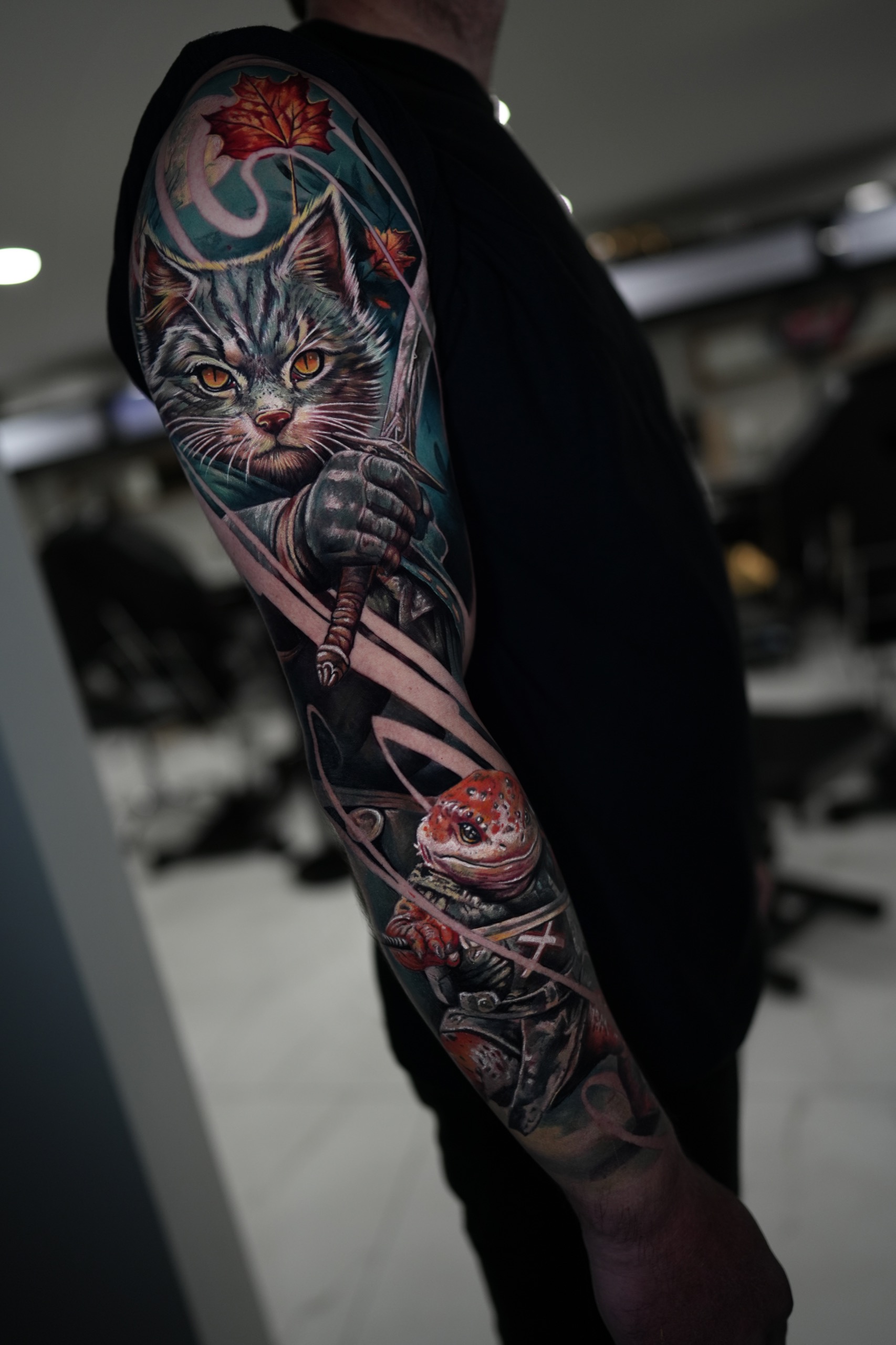 Custom color sleeve with a cat, tattoo by Armandean