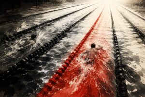 Editorial illustration of swimmers in separate lanes, one focused ahead and another looking sideways